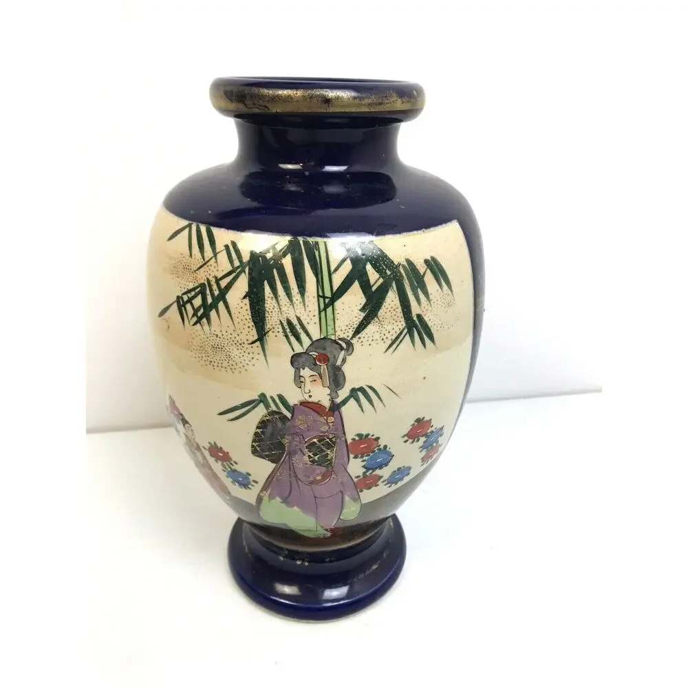 Japanese Vase 12' Geisha Girls Blue Gold Ancient Scene Asian Art Ceramic